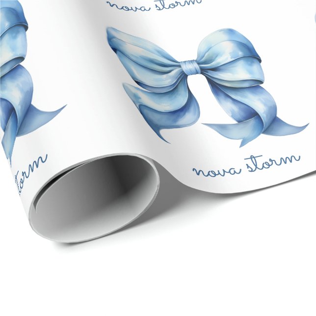 Papel De Regalo Bow azul moderno personalizado con monograma de no (Esquina del rollo)