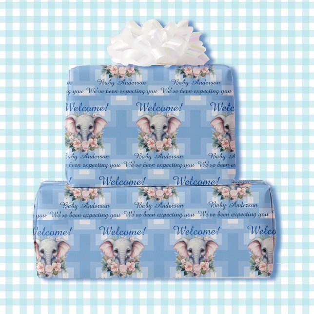 Papel De Regalo Boy Baby Shower o Newborn Elephant Add Name (Subido por el creador)