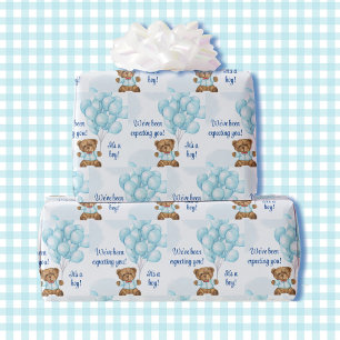 Papel De Regalo Boy Baby Shower Teddy Bear Blue Balloons Añadir no