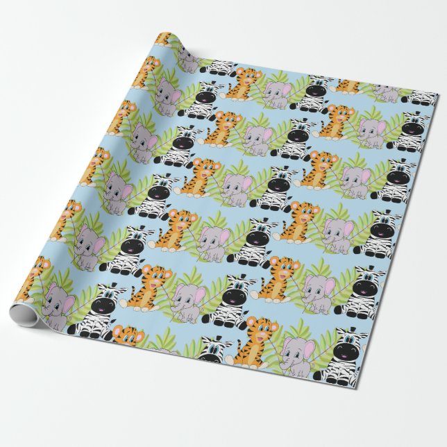 Papel De Regalo Boy Blue Baby Shower Cute Safari Jungle Animales (Desenrollado)