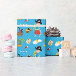 Papel De Regalo Boy Pirate con tesoro, loro y nombre