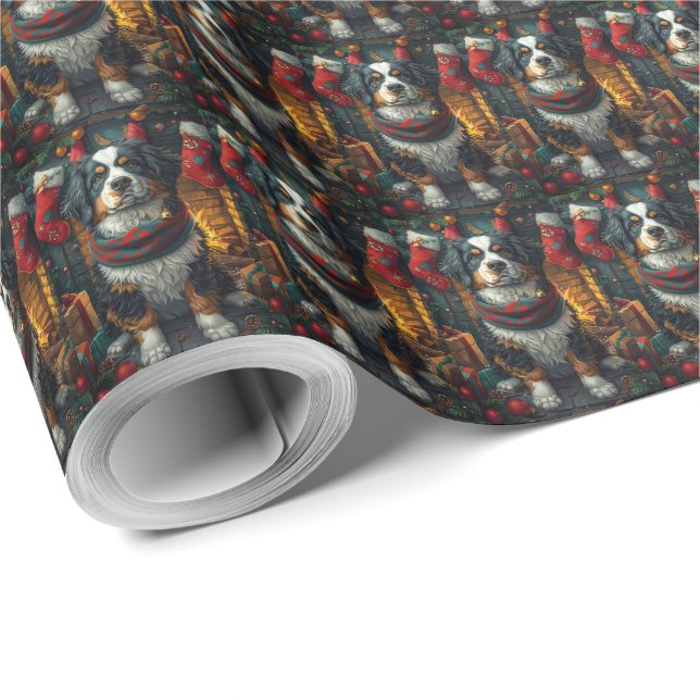 Papel De Regalo Boyero de Berna con chimenea de regalos de Navidad (Esquina del rollo)