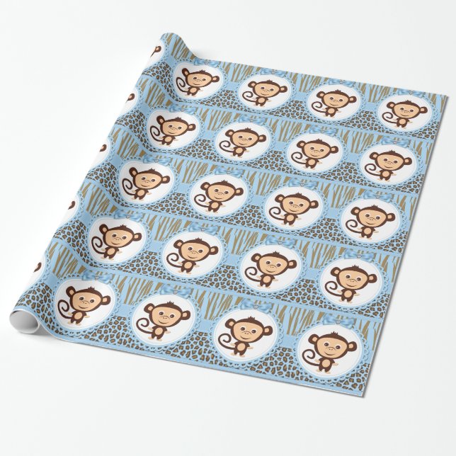 Papel De Regalo Boys Monkey Baby Shower (Desenrollado)