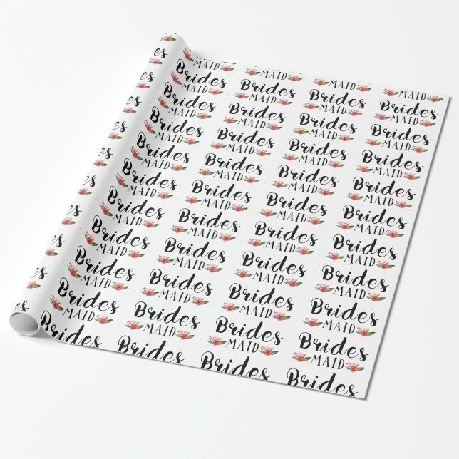 Papel De Regalo Bridesmaid Black Modern Text & Flowers Pattern (Desenrollado)
