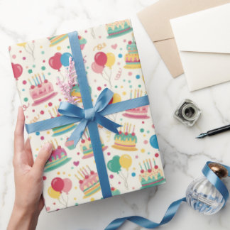 Papel De Regalo Bright Birthday Cakes and Balloons Wrapping Paper