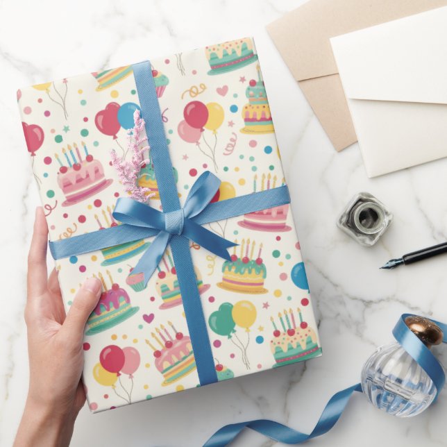 Papel De Regalo Bright Birthday Cakes and Balloons Wrapping Paper (Regalar)