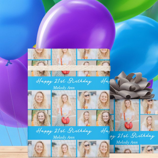 Papel De Regalo Bright Blue Happy Birthday Photo Collage (Subido por el creador)