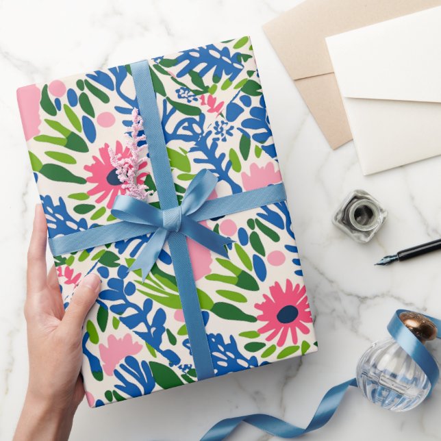 Papel De Regalo Bright Floral Fun Happy Pink Blue Bold Moda (Regalar)