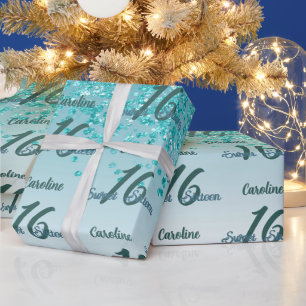 Papel De Regalo Brillante Cumpleaños Dulces 16 Caída Glitter Azul