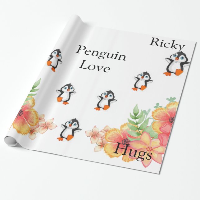Papel de regalo brillante, Flor de amor de pingüin (Desenrollado)