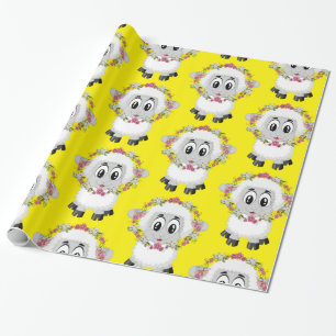 Papel de Regalo Brillante, Floral de Oveja Amarill