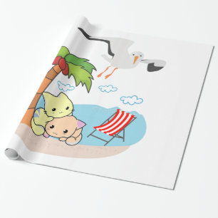 Papel de regalo brillante, gatos de playa pájaros