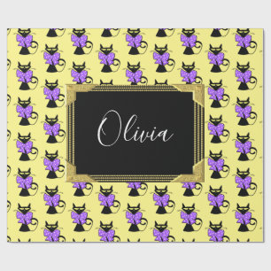 Papel de regalo brillante, monograma de gato negro