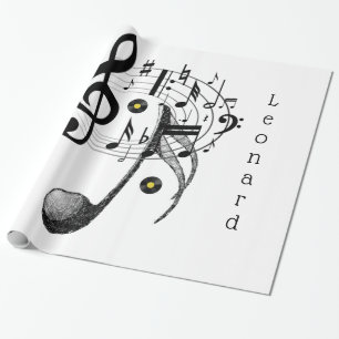 Papel de regalo brillante, notas musicales en blan