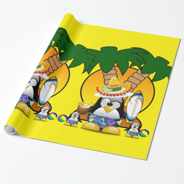 Papel de Regalo Brillante, Pingüino Surfista Playa (Desenrollado)