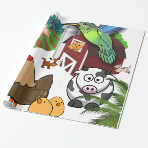 Papel de regalo brillante, pollos vacas aves