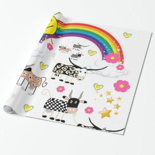 Papel de regalo brillante, vacas arcoíris flores e