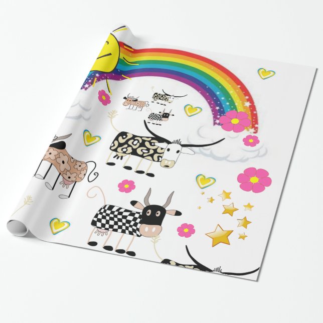 Papel de regalo brillante, vacas arcoíris flores e (Desenrollado)