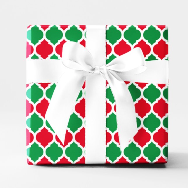 Papel De Regalo Brillantes Navidades rojos y verdes (Bright Red and Green Christmas Quatrefoil Wrapping Paper)