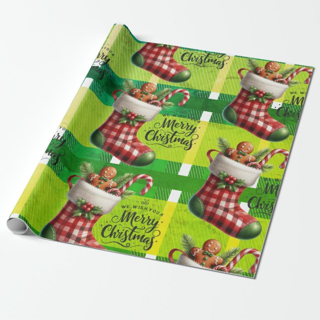 Papel De Regalo Brillantes Navidades Verdes Juegan Al Pan De Gengi (Desenrollado)