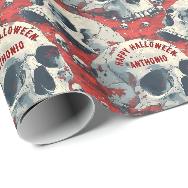 Papel De Regalo Brillantes Rojo Negro Gris Skulls gótico (Esquina del rollo)