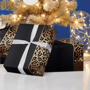 Papel De Regalo Brillo de Leopardo Elegante Negro y Dorado