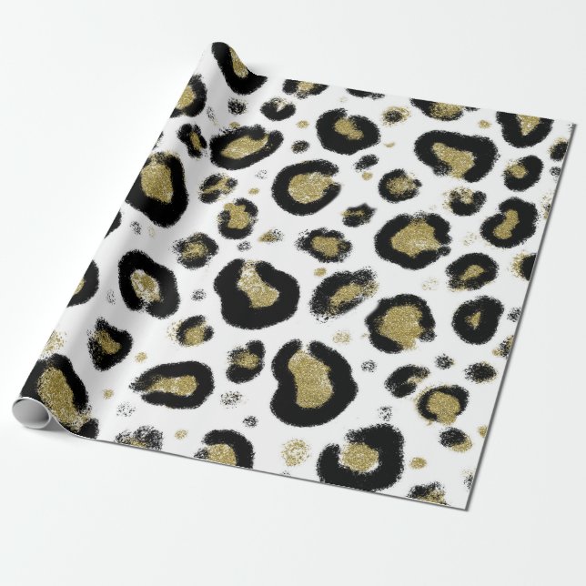 Papel De Regalo Brillo de Oro Blanco y Estampado de Leopardo y Gue (Desenrollado)