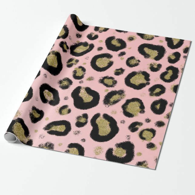 Papel De Regalo Brillo de Oro Rosa y Estampado de Leopardo Cheetah (Desenrollado)