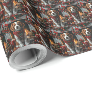 Papel De Regalo Brittany Spaniel con chimenea de regalos de Navida