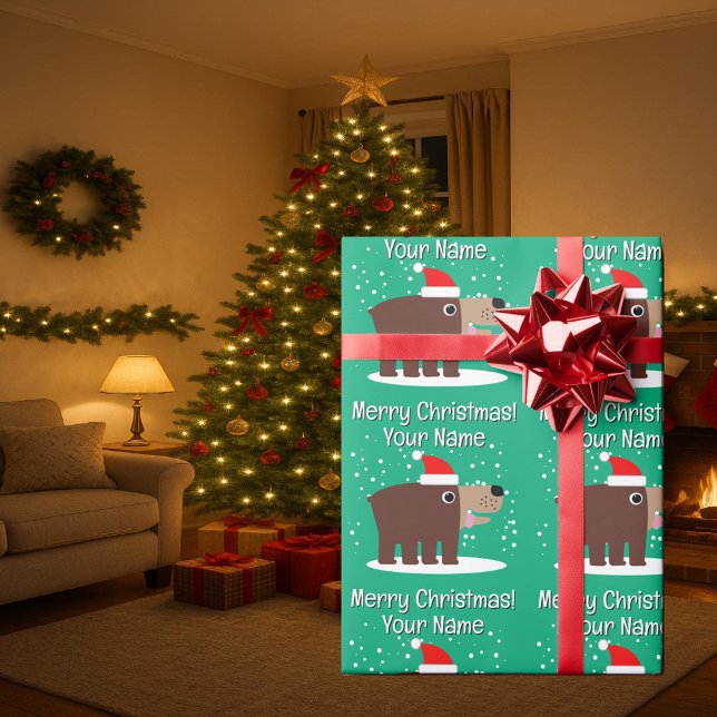 Papel De Regalo Brown bear cartoon with santa hat custom Christmas (Christmas wrapping paper with cute Santa bear cartoon)