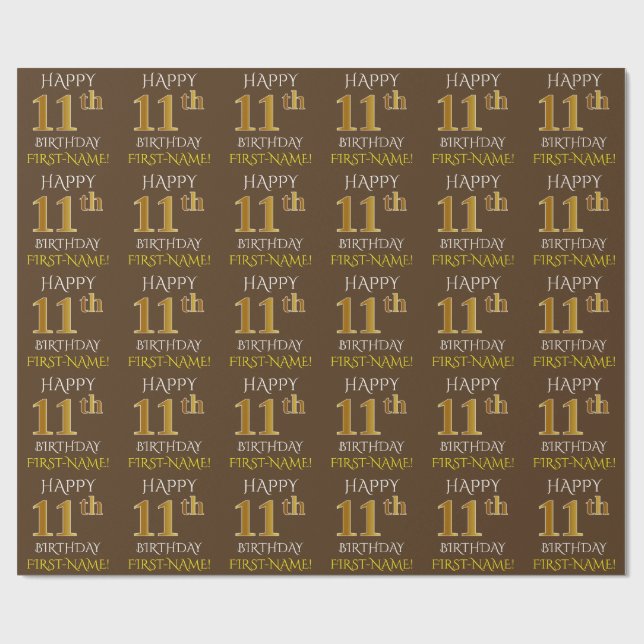 Papel De Regalo Brown, Faux Gold "FELIZ 11º CUMPLEAÑOS" (Superficie plana)