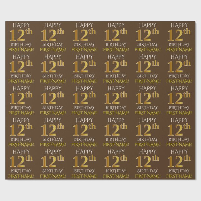 Papel De Regalo Brown, Faux Gold "FELIZ 12º CUMPLEAÑOS" (Superficie plana)