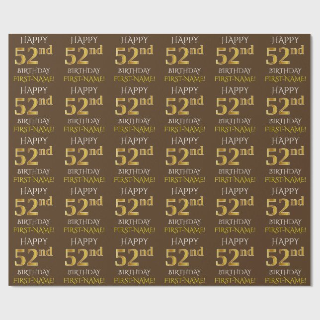 Papel De Regalo Brown, Faux Gold "FELIZ 52 cumpleaños" (Superficie plana)