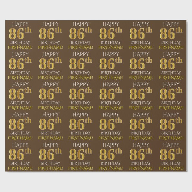 Papel De Regalo Brown, Faux Gold "FELIZ 86º CUMPLEAÑOS" (Superficie plana)