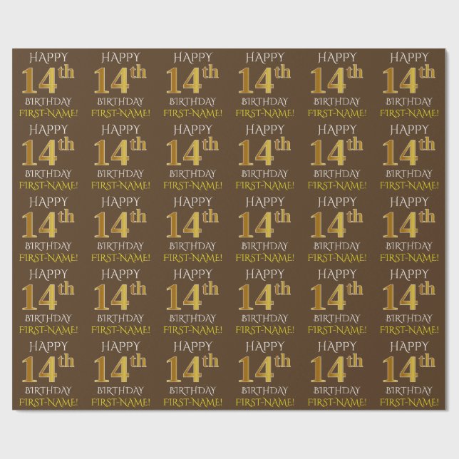Papel De Regalo Brown, Faux Gold "FELIZ CUMPLEAÑOS 14" (Superficie plana)