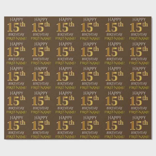 Papel De Regalo Brown, Faux Gold "FELIZ CUMPLEAÑOS 15" (Superficie plana)
