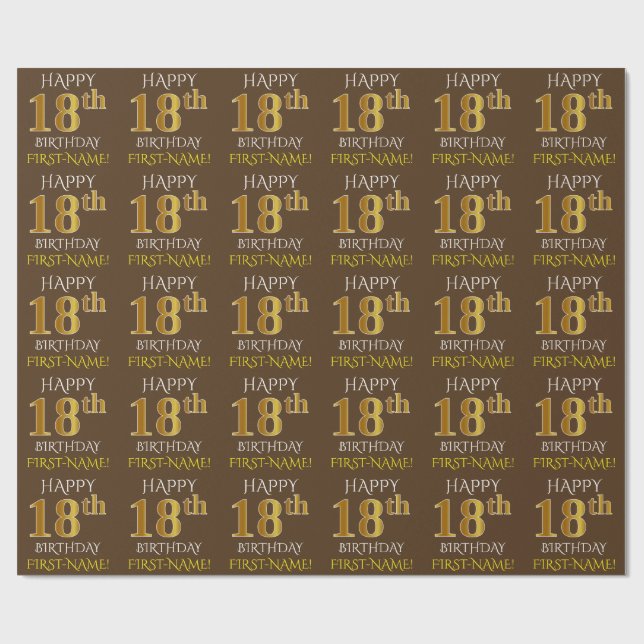 Papel De Regalo Brown, Faux Gold "FELIZ CUMPLEAÑOS 18" (Superficie plana)