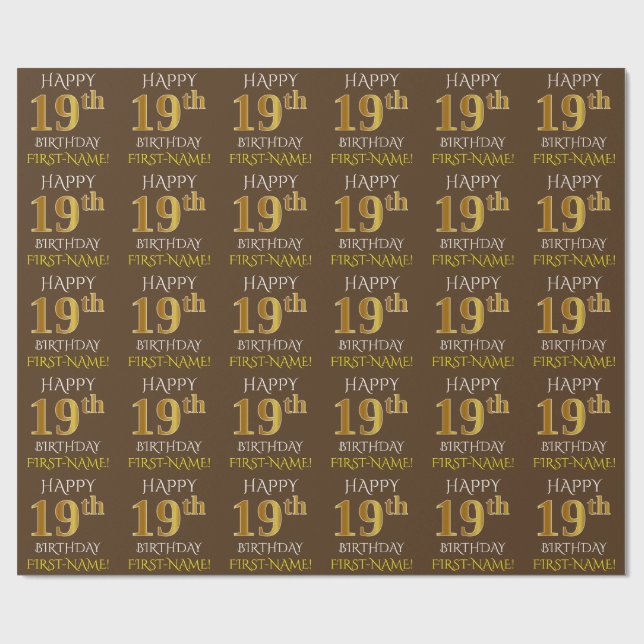Papel De Regalo Brown, Faux Gold "FELIZ CUMPLEAÑOS 19" (Superficie plana)