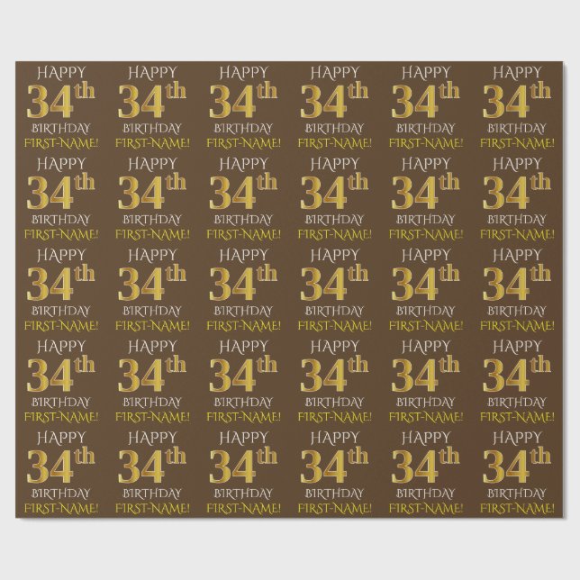 Papel De Regalo Brown, Faux Gold "FELIZ CUMPLEAÑOS 34" (Superficie plana)