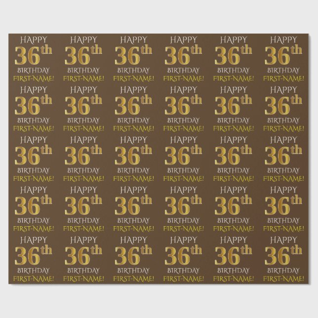 Papel De Regalo Brown, Faux Gold "FELIZ CUMPLEAÑOS 36" (Superficie plana)