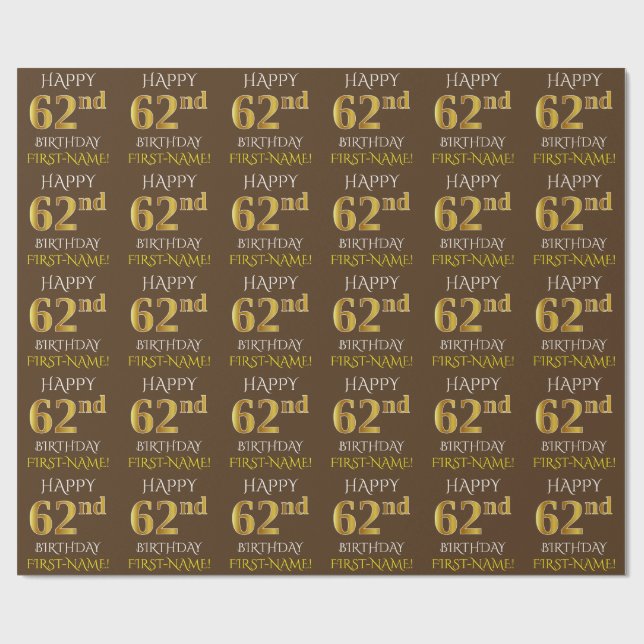 Papel De Regalo Brown, Faux Gold "FELIZ CUMPLEAÑOS 62" (Superficie plana)
