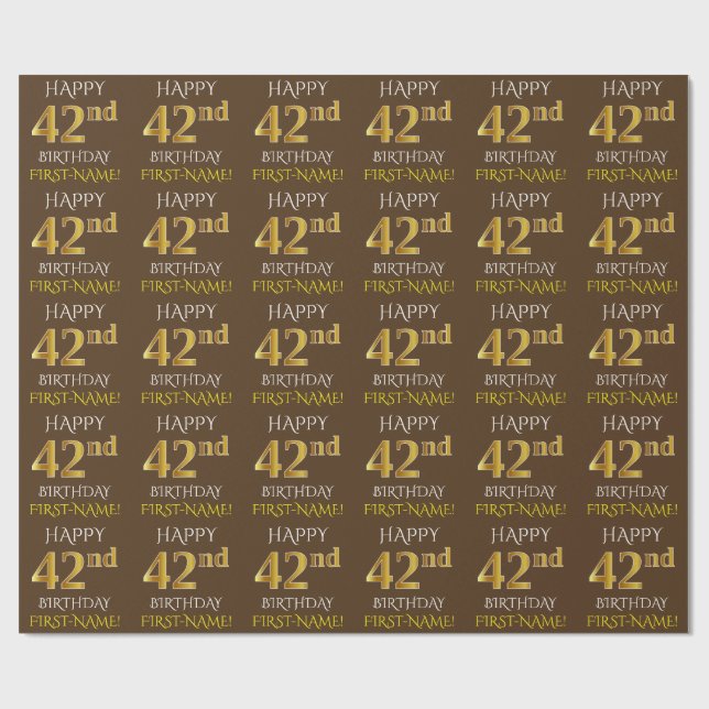 Papel De Regalo Brown, Faux Gold "HAPPY 42nd BIRTHDAY" (Superficie plana)