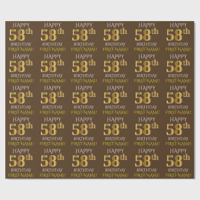 Papel De Regalo Brown, Faux Gold "HAPPY 58th BIRTHDAY" (Superficie plana)