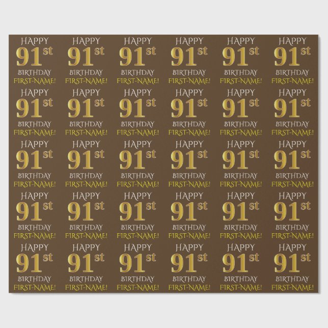 Papel De Regalo Brown, Faux Gold "HAPPY 91st BIRTHDAY" (Superficie plana)