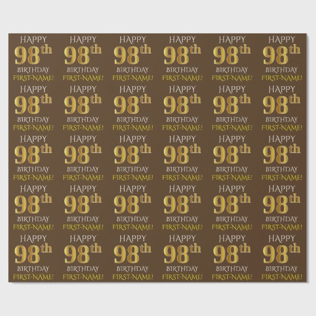 Papel De Regalo Brown, Faux Gold "HAPPY 98th BIRTHDAY" (Superficie plana)