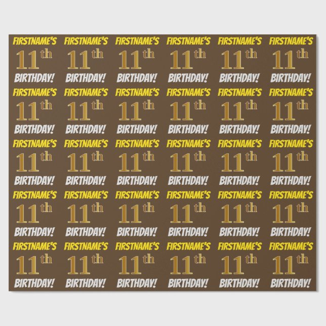 Papel De Regalo Brown, Faux/Imitation Gold, "11th BIRTHDAY" (Superficie plana)