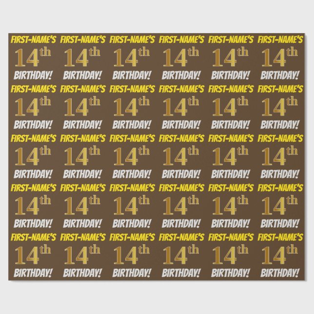 Papel De Regalo Brown, Faux/Imitation Gold, "14th BIRTHDAY" (Superficie plana)