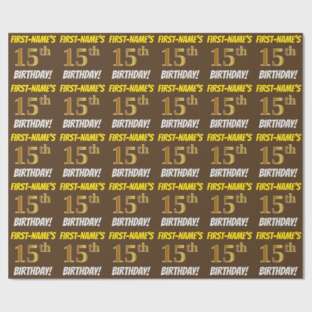 Papel De Regalo Brown, Faux/Imitation Gold, "15th BIRTHDAY" (Superficie plana)