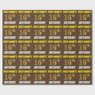 Papel De Regalo Brown, Faux/Imitation Gold, "16th BIRTHDAY"