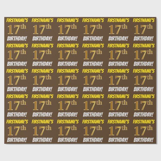 Papel De Regalo Brown, Faux/Imitation Gold, "17th BIRTHDAY" (Superficie plana)